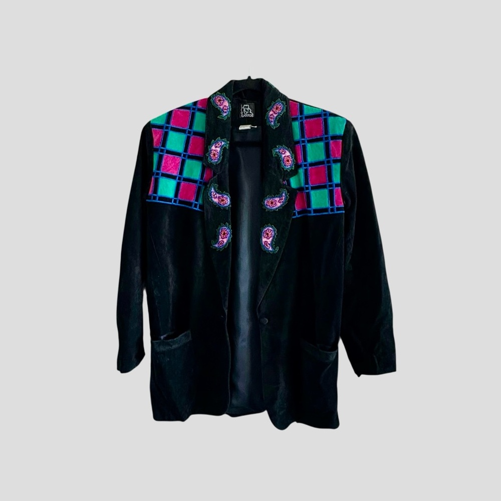VINTAGE 1980s Black Suede Blazer Style with Vibrant Colorblock Suede & Beading
